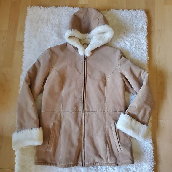 Wilsons Leather Women's Hooded Suede Jacket Brown Tan Size Large Penny Lane Y2K - Picture 2 of 9